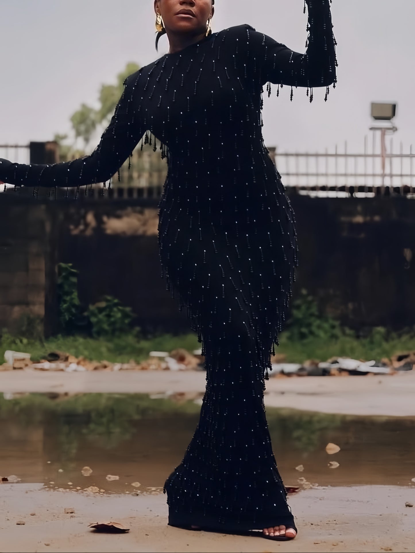 Black Beaded Tassel Maxi Dress