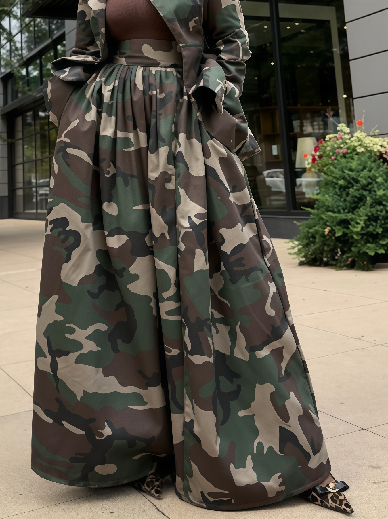 Pleated Camouflage Blazer And Skirt