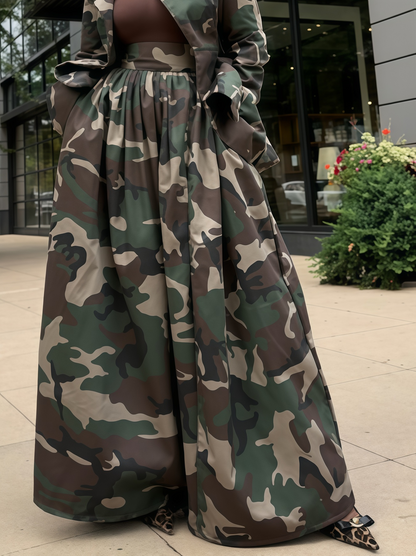 Pleated Camouflage Blazer And Skirt