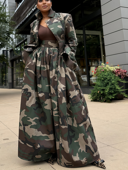 Pleated Camouflage Blazer And Skirt