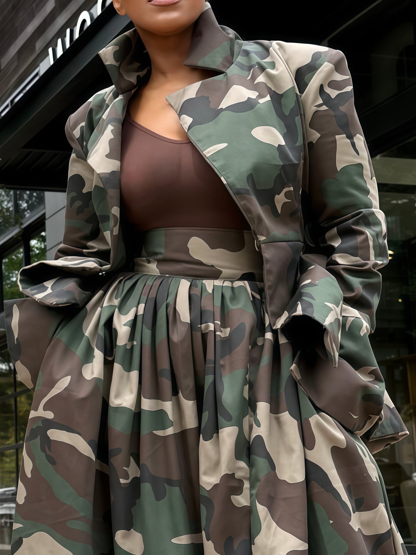 Pleated Camouflage Blazer And Skirt