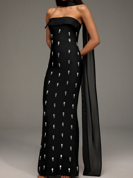 Sleeveless Diamond-Encrusted Bandage Maxi Dress