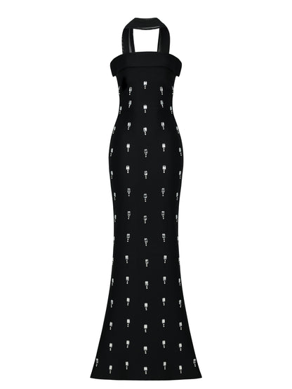 Sleeveless Diamond-Encrusted Bandage Maxi Dress
