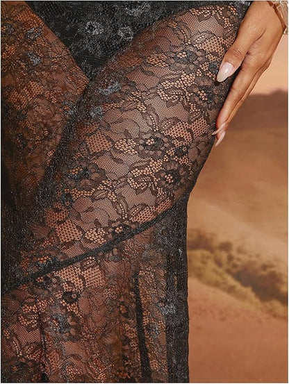 Black Illusion Mesh-Overlay Evening Dress