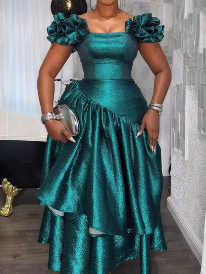 Emerald Sparkle Off-Shoulder Evening Gown