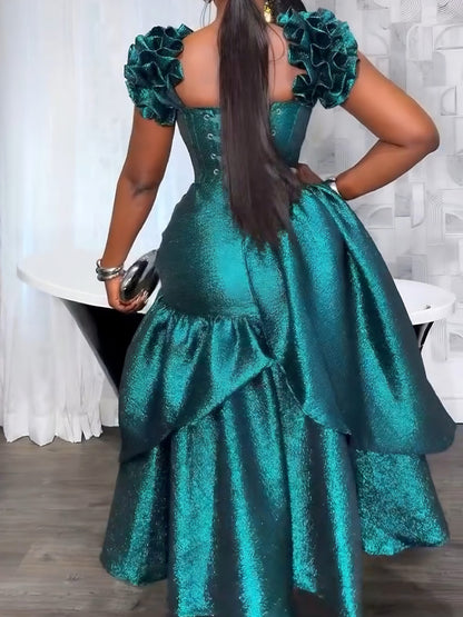 Emerald Sparkle Off-Shoulder Evening Gown