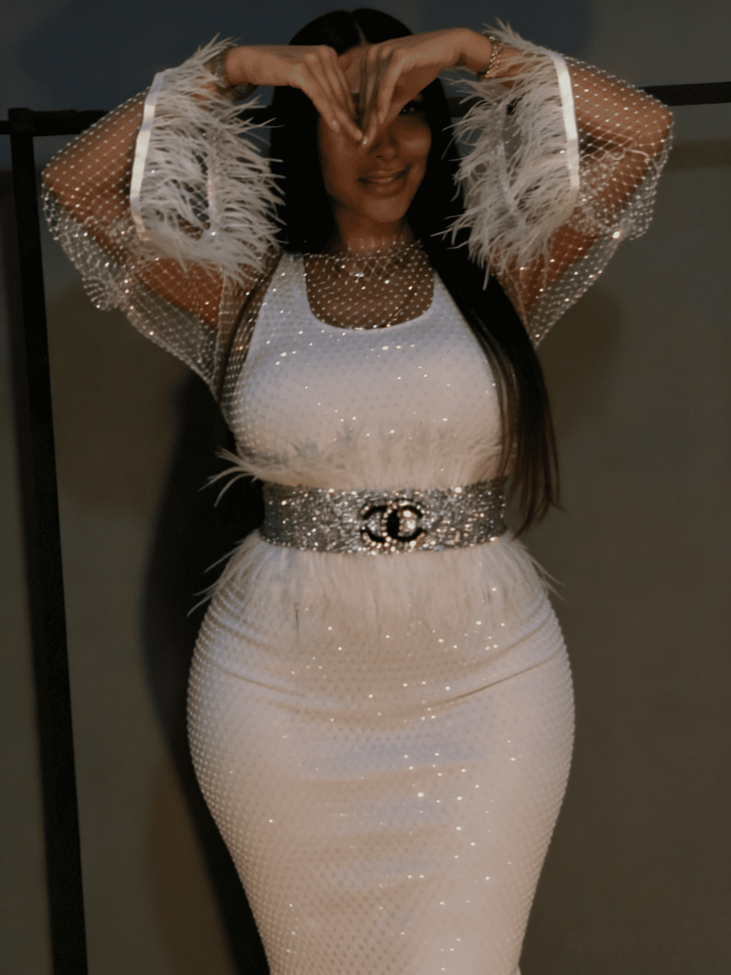 Glittering White Feather-Trim Evening Dress