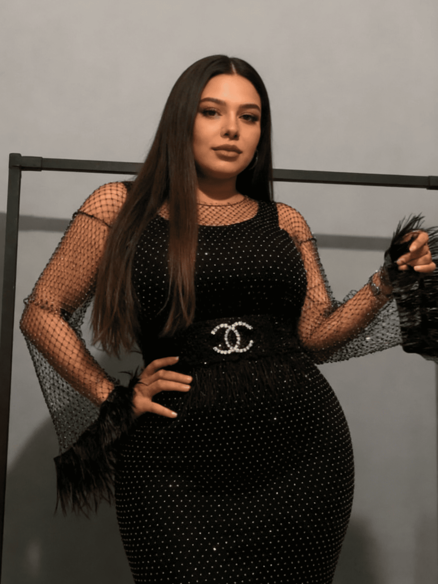 Glittering White Feather-Trim Evening Dress