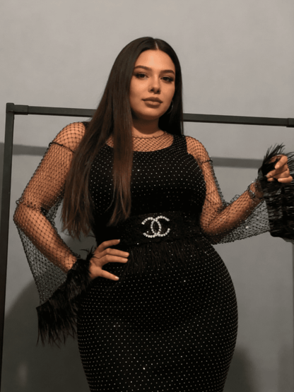 Glittering White Feather-Trim Evening Dress