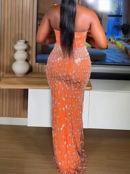 Coral Embellished Off-Shoulder Evening Gown