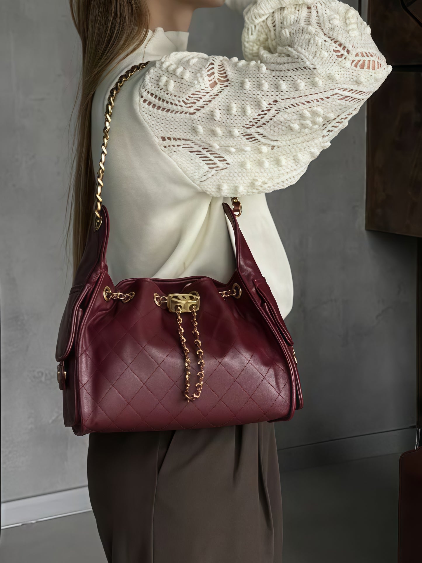 Gold Chain Leather Check Bag