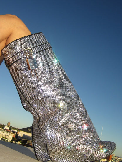 Rhinestone Pointed Toe Knee High Boots