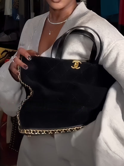 Chain Strap Quilted Black Tote