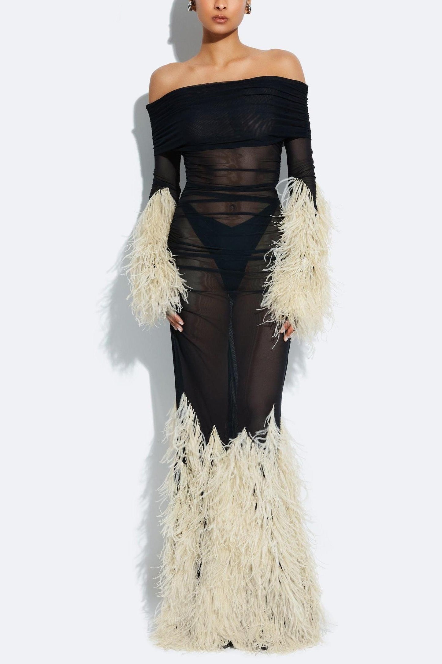 Feather Splicing Mesh Off-Shoulder Maxi Dress