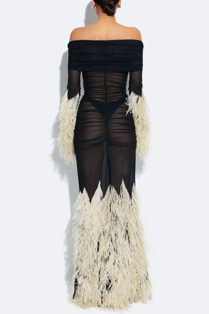 Feather Splicing Mesh Off-Shoulder Maxi Dress