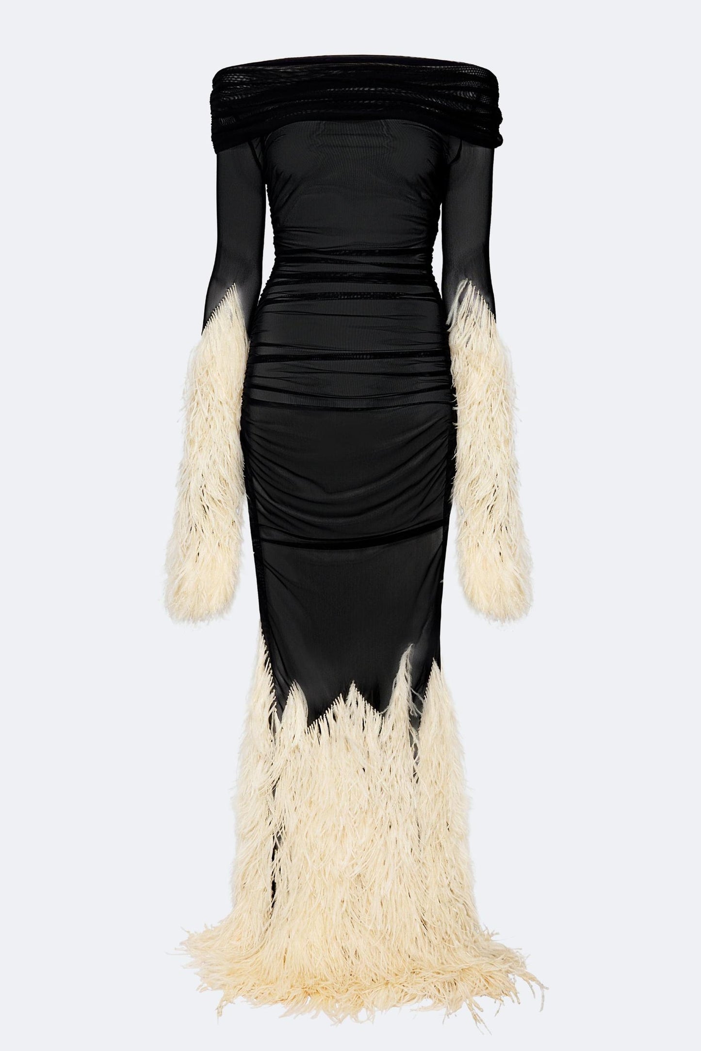 Feather Splicing Mesh Off-Shoulder Maxi Dress