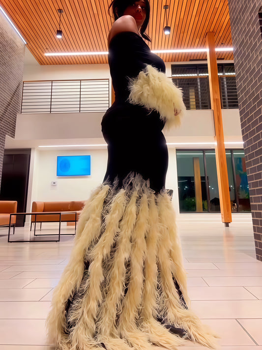 Feather Splicing Mesh Off-Shoulder Maxi Dress