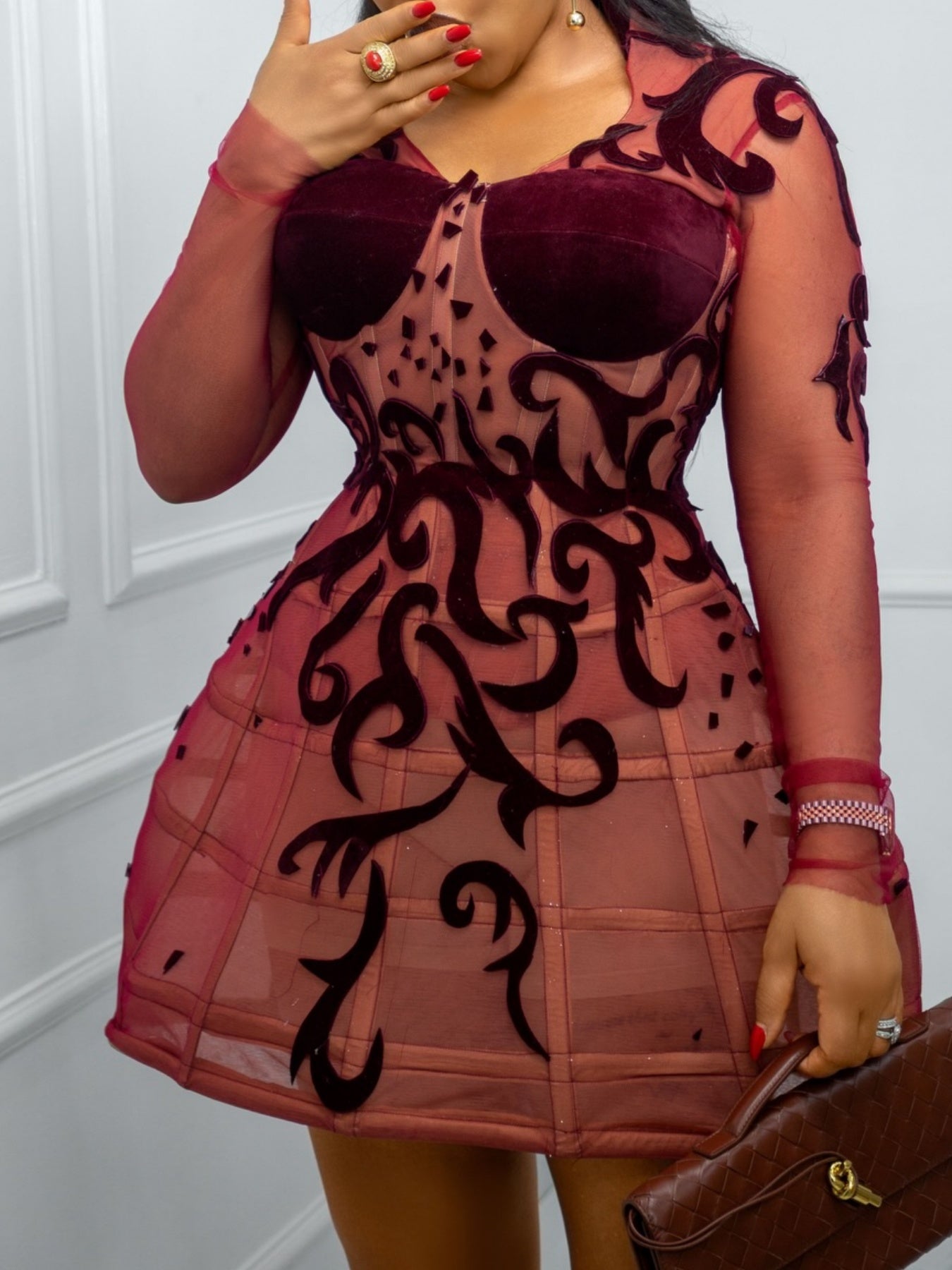 Velvet-Accent Embroidered Mini Dress