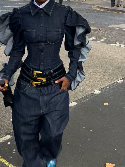 Denim Puff Sleeve Set