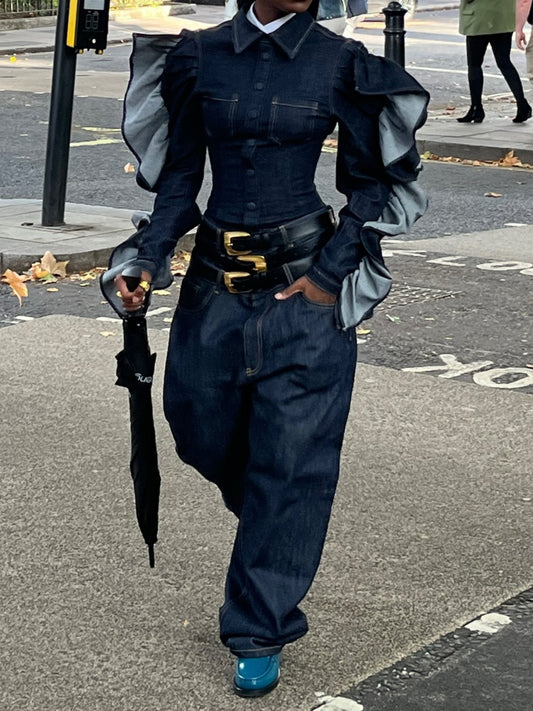 Denim Puff Sleeve Set