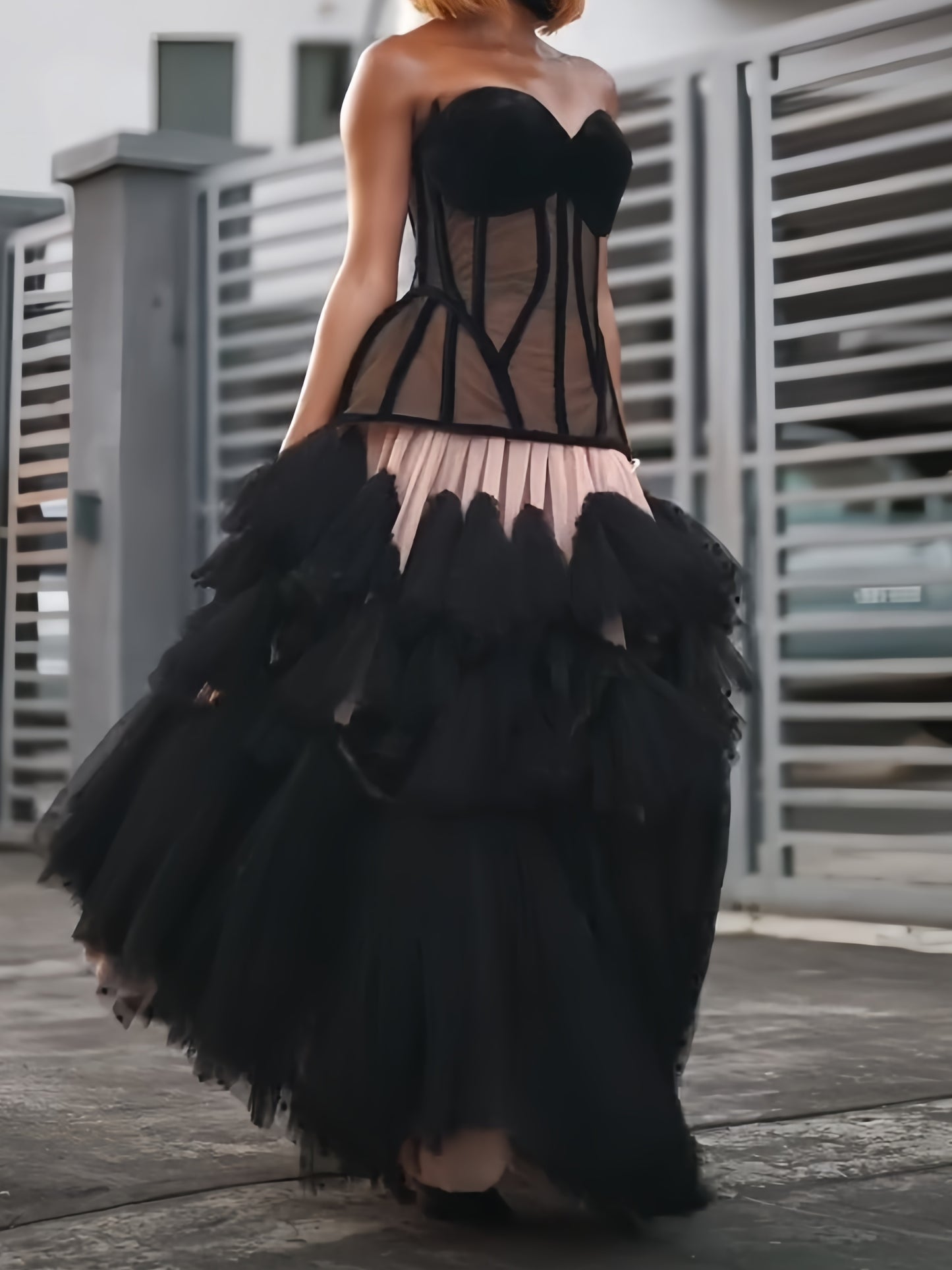 Black Sheer Corset-Top Tulle Overlay Gown