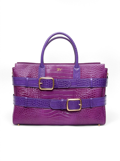 Double Buckle Straps Croc-Embossed Satchel