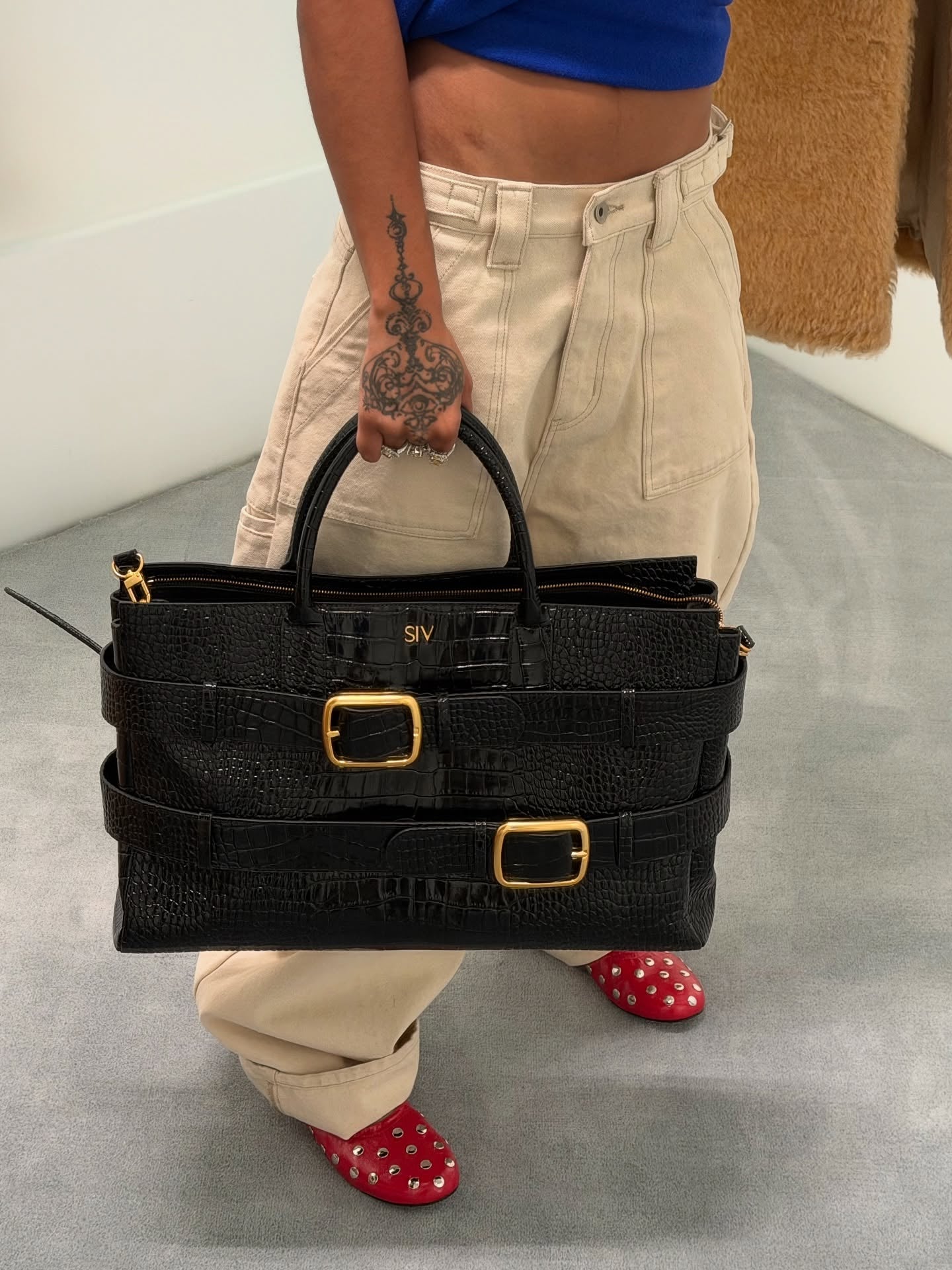 Double Buckle Straps Croc-Embossed Satchel