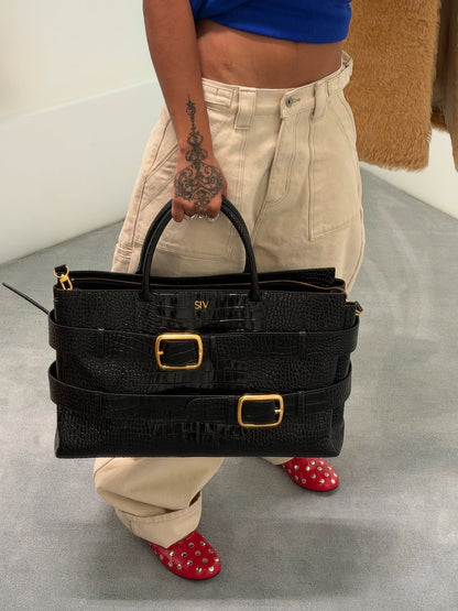 Double Buckle Straps Croc-Embossed Satchel