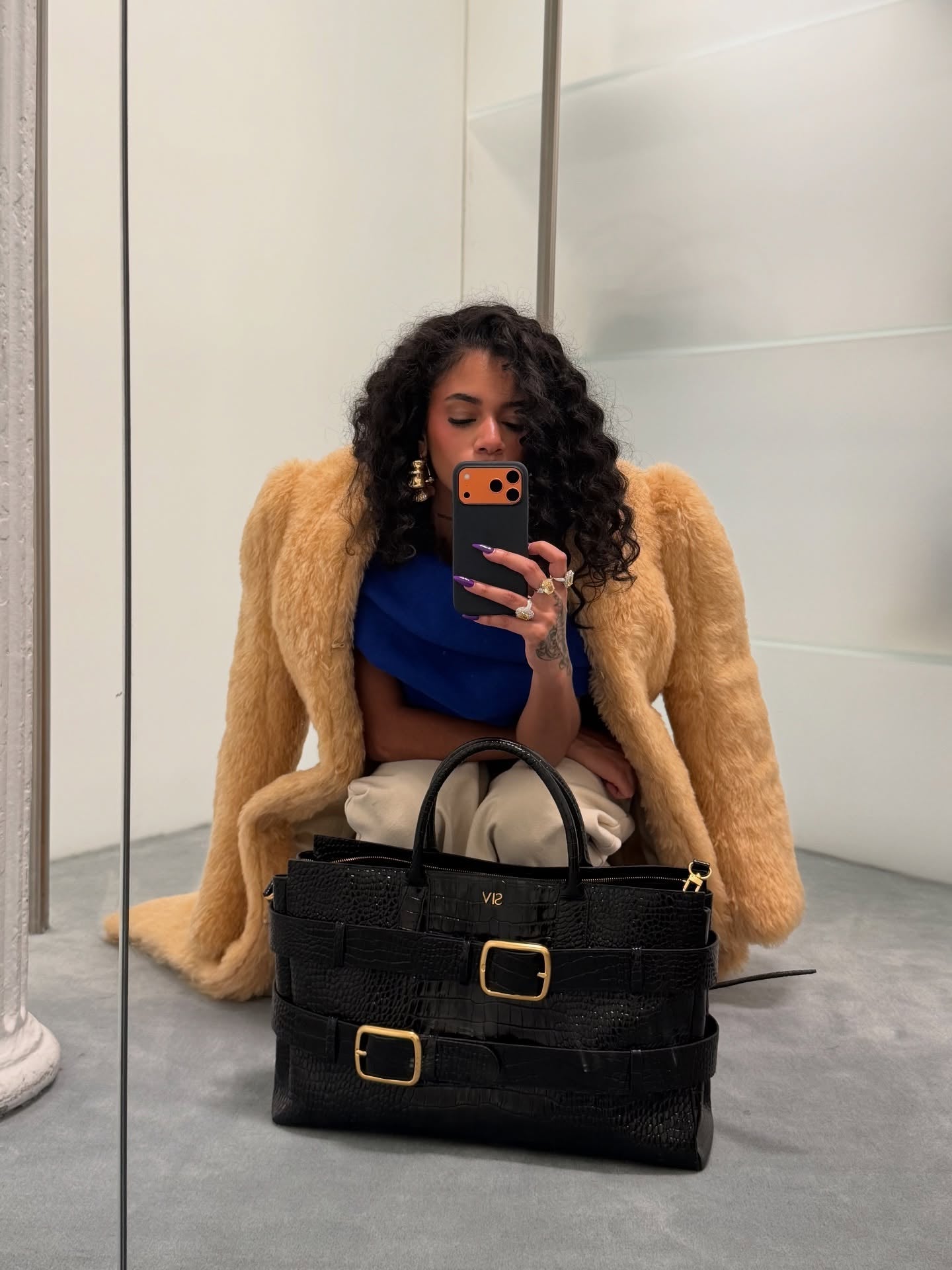 Double Buckle Straps Croc-Embossed Satchel