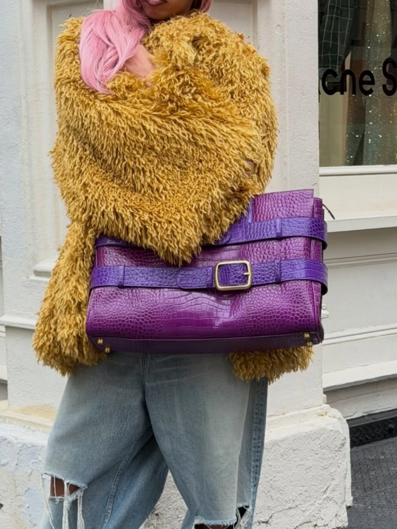 Double Buckle Straps Croc-Embossed Satchel