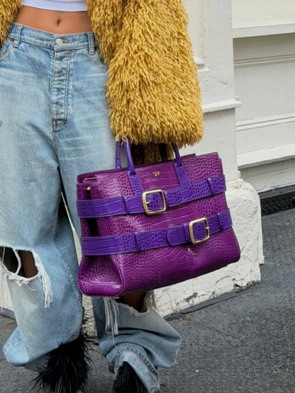 Double Buckle Straps Croc-Embossed Satchel