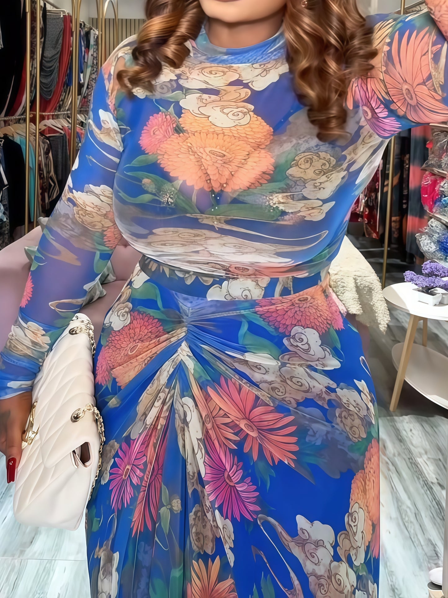 Sheer Sleeves Floral Ruched Printed Two Pieces Dress