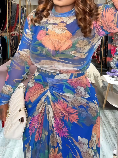 Sheer Sleeves Floral Ruched Printed Two Pieces Dress