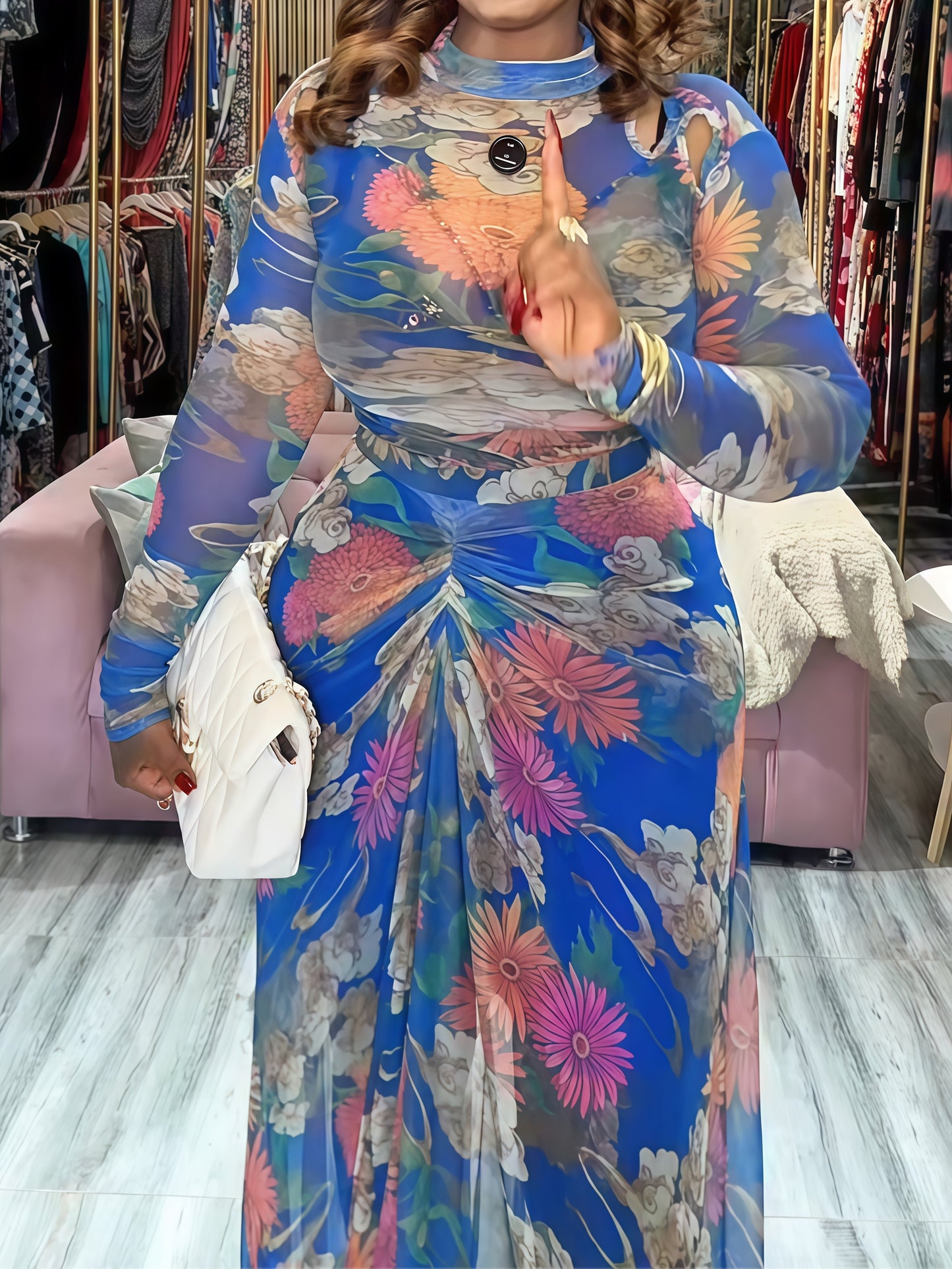 Sheer Sleeves Floral Ruched Printed Two Pieces Dress