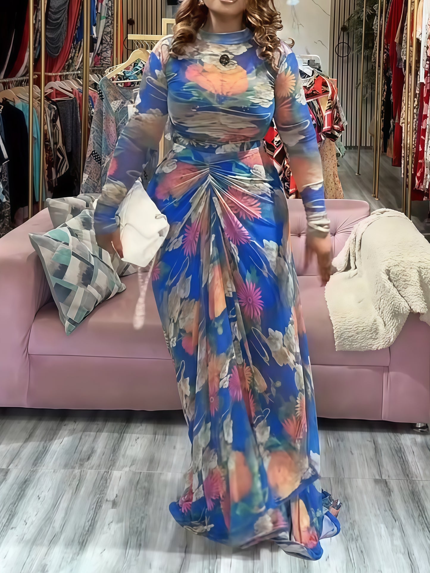 Sheer Sleeves Floral Ruched Printed Two Pieces Dress