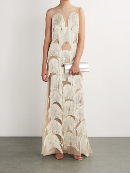 Fringe Trim Lace Overlay Dress