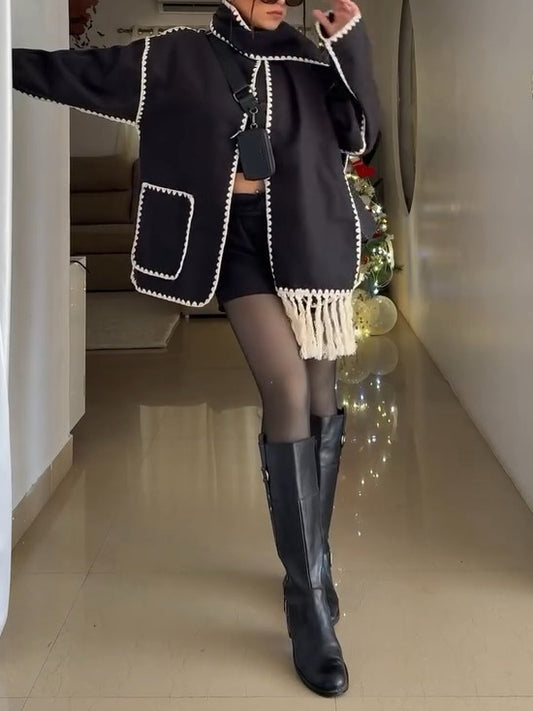 Contrast Blanket Stitch Wool Look Jacket