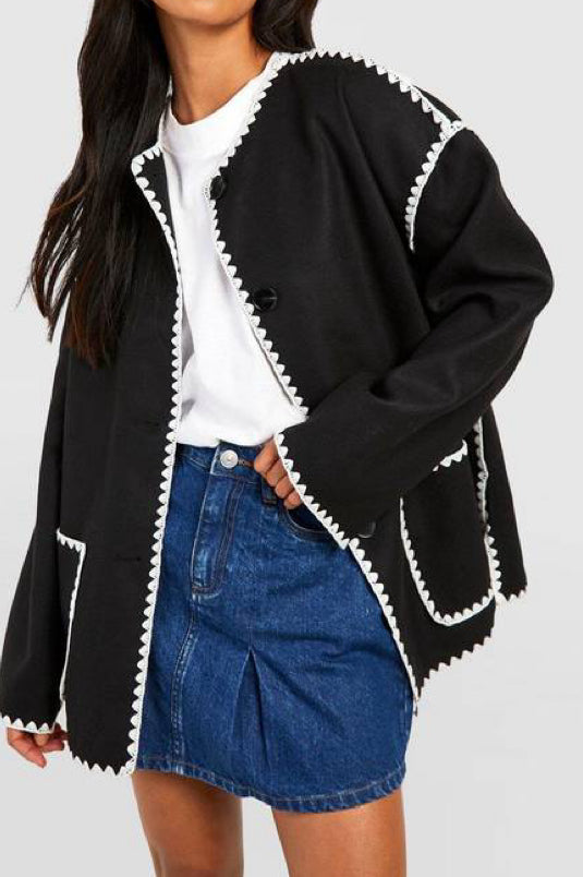 Contrast Blanket Stitch Wool Look Jacket