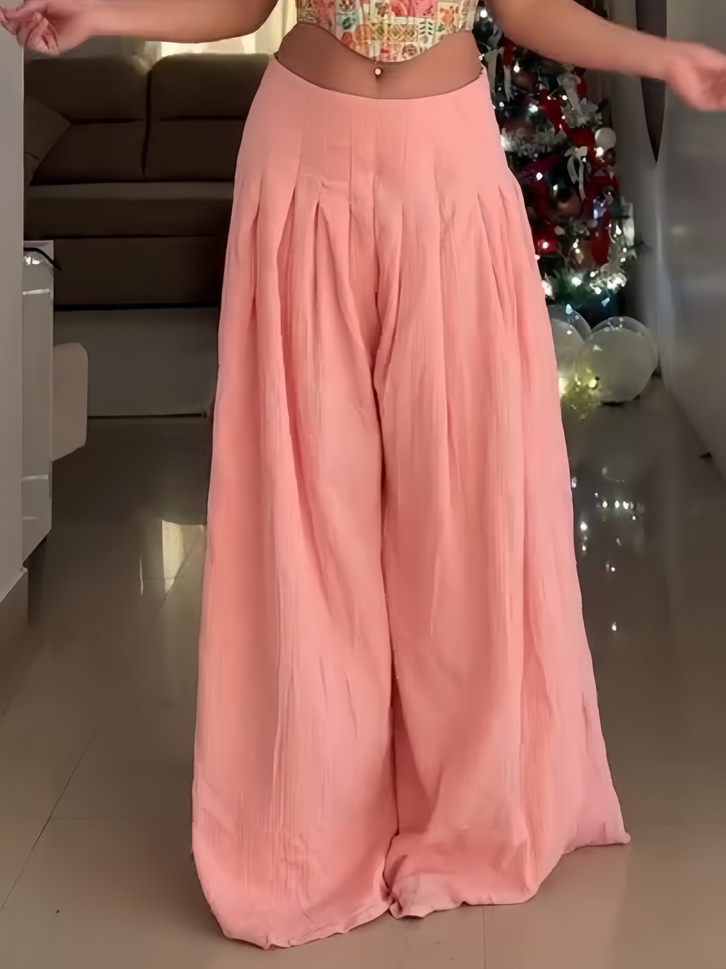 Blush Pink Wide-Leg Pleated Pants