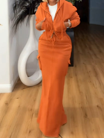 Fashion Hooded Pockets Cargo Hoodie + Skirt