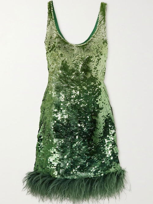 Feather-Trimmed Sequined Satin Mini Dress