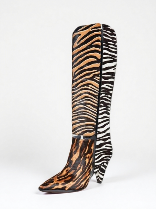 Print Calf Hair Tall Heel Boots