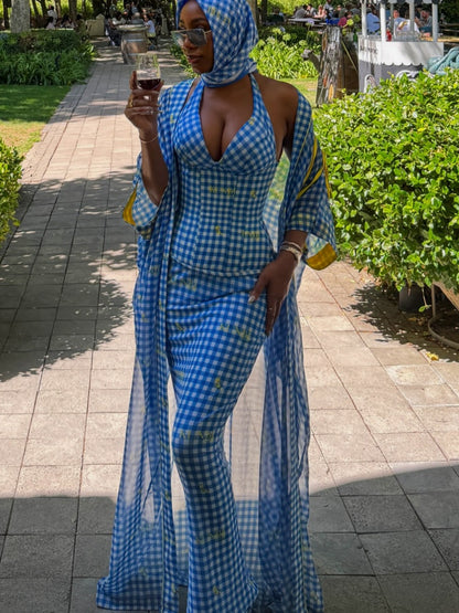 TLU Blue-Gingham Wrap Dress