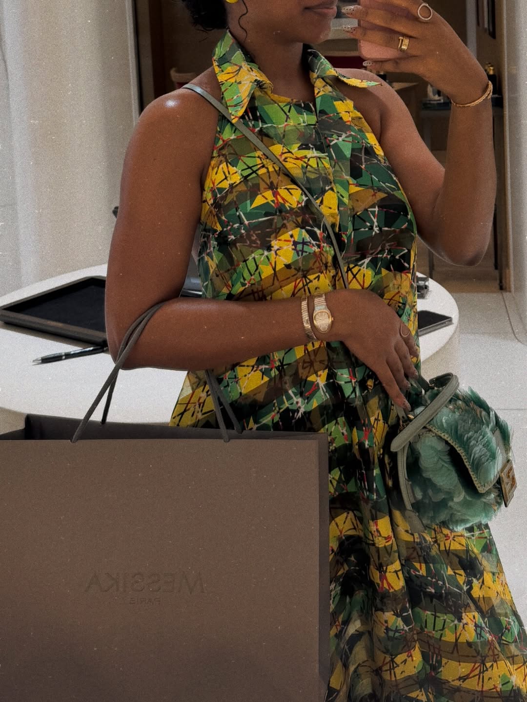 TLU Green-Yellow Geometric Halter Dress