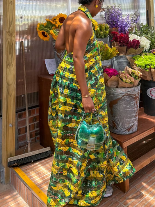 TLU Green-Yellow Geometric Halter Dress