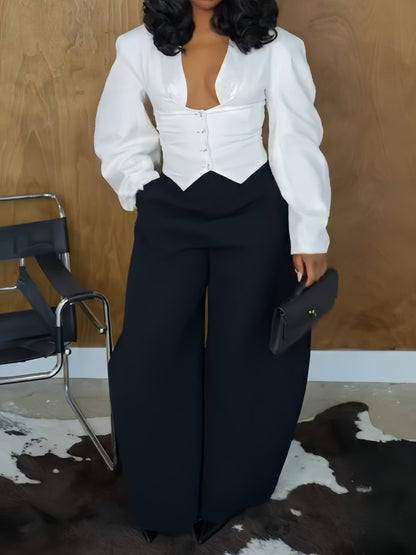 TLU White Crossover Blouse + Black Wide-Leg Trousers Suit