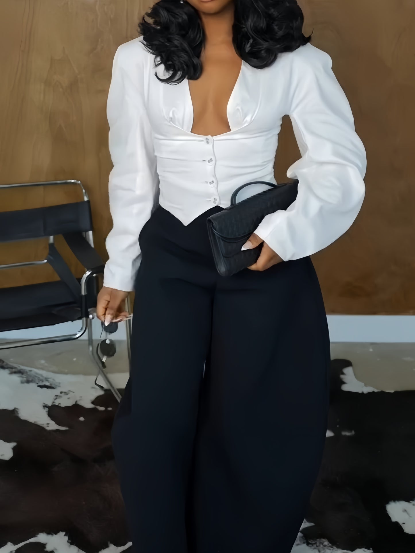 TLU White Crossover Blouse + Black Wide-Leg Trousers Suit