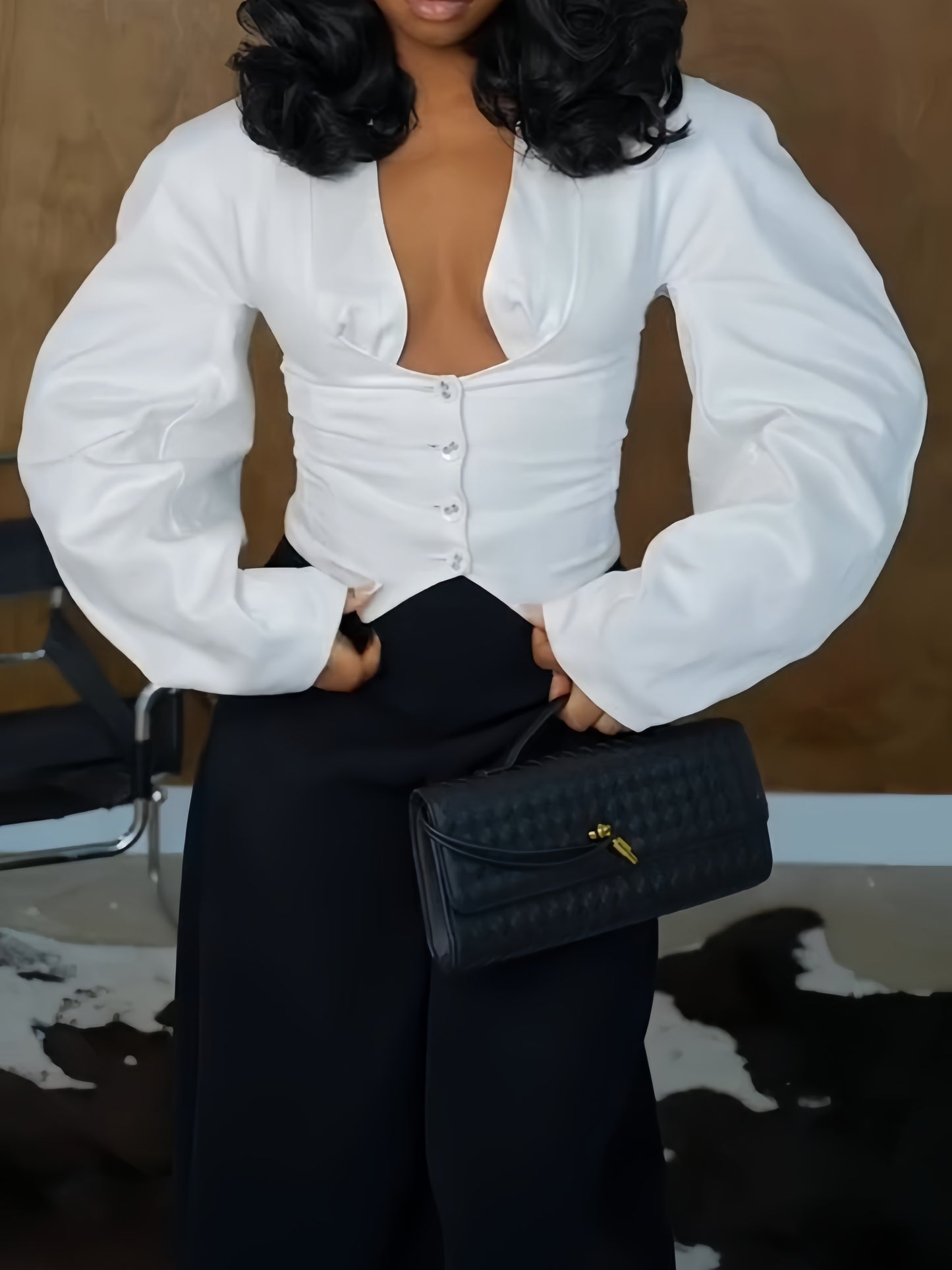 TLU White Crossover Blouse + Black Wide-Leg Trousers Suit