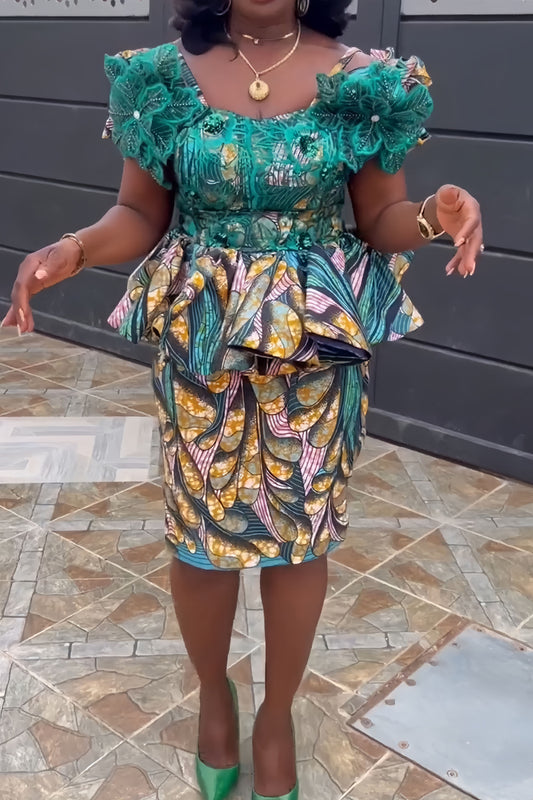 Floral Puff-Sleeve Ankara Peplum Two-Piece Dress