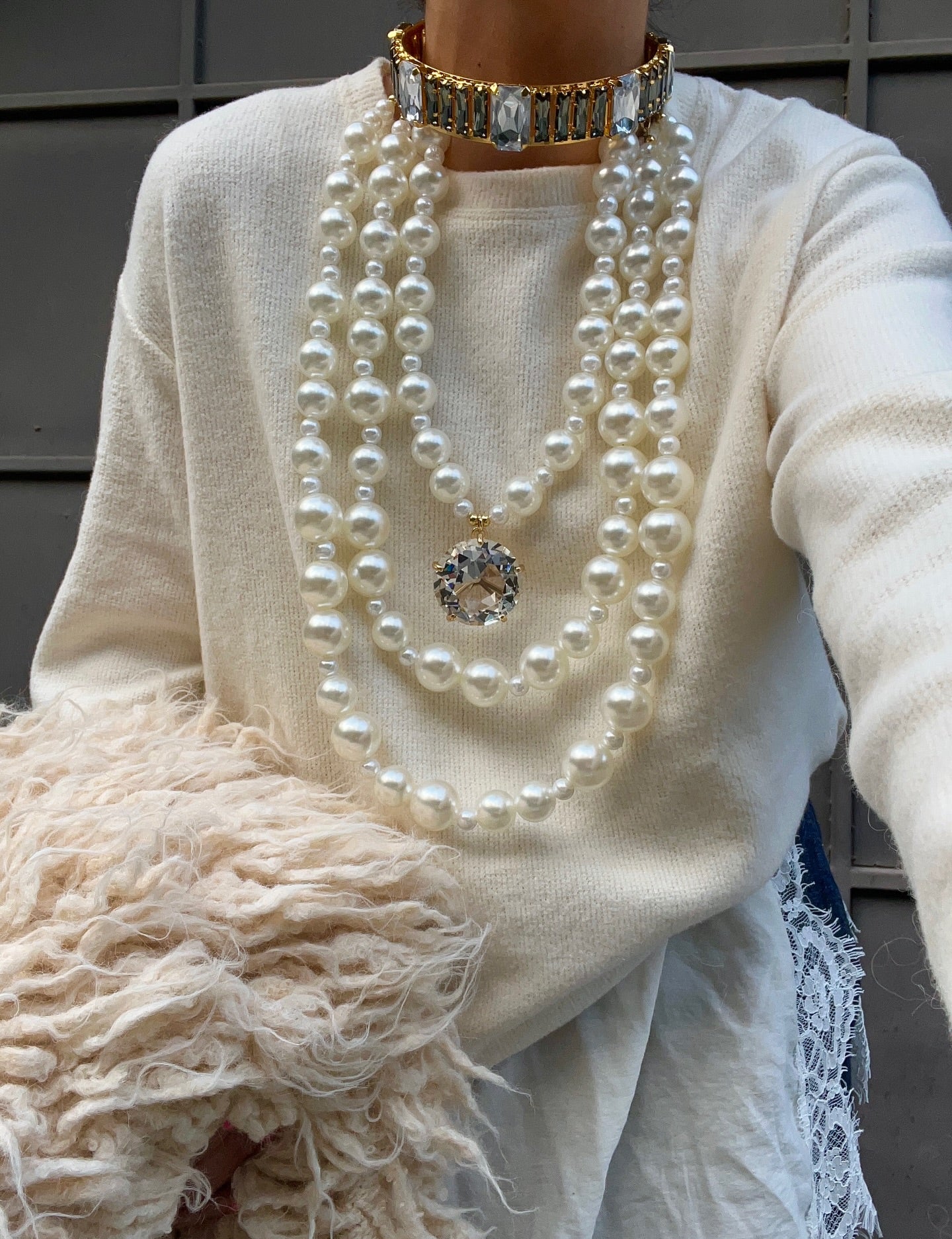 Rhinestone Pendant Multi-Strand Pearl Necklace